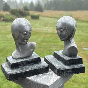 Vtg Art Deco Lady Bust Bookends Frankart Metal Sculpture Pair Original Patina